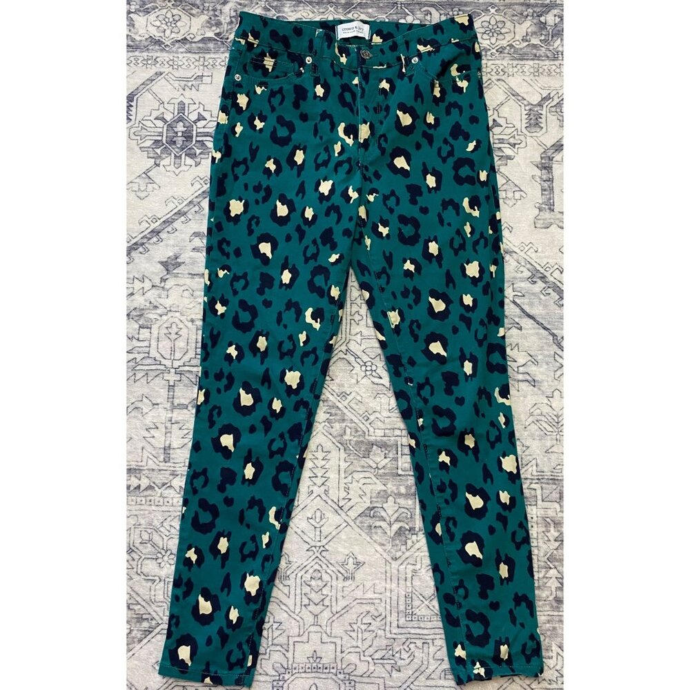 Crown & Ivy High-Rise‎ Skinny Leopard Print Pants 4R Teal 4 Regular Cotton